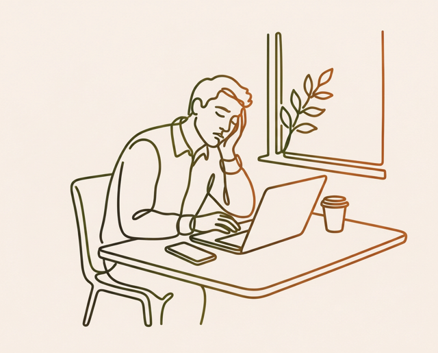 Line drawing of a tired person at a laptop, head resting on one hand, beside a phone and a coffee cup