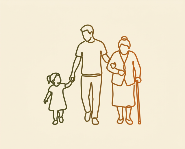 Line drawing of an adult holding a young child's hand on one side and supporting an older parent with a cane on the other