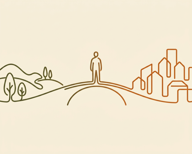 Line drawing of a person standing on a bridge between rolling hills and a city skyline