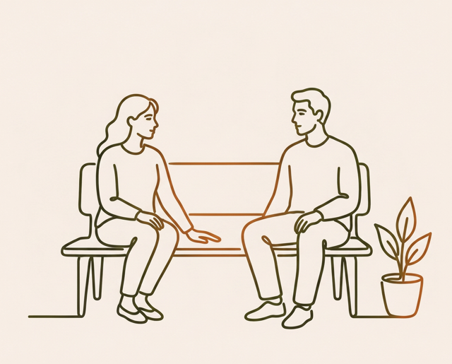 Line drawing of two people sitting on a bench at a comfortable distance, one reaching an open hand toward the other