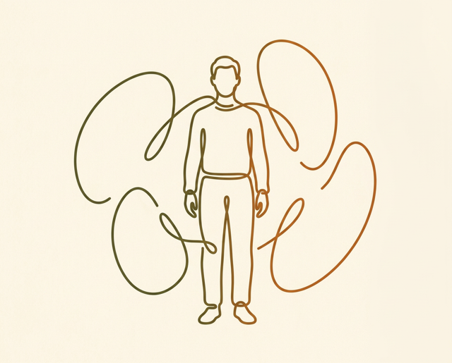 Line drawing of a person standing calmly as loose, open loops drift around them