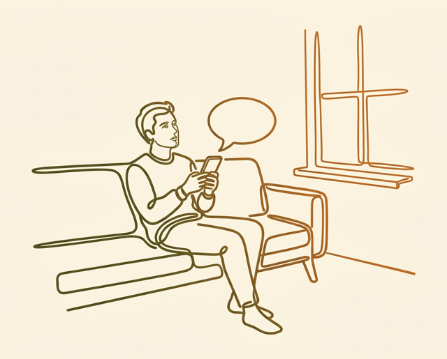 Line drawing of a person on a couch holding a phone under an empty speech bubble, looking toward a window