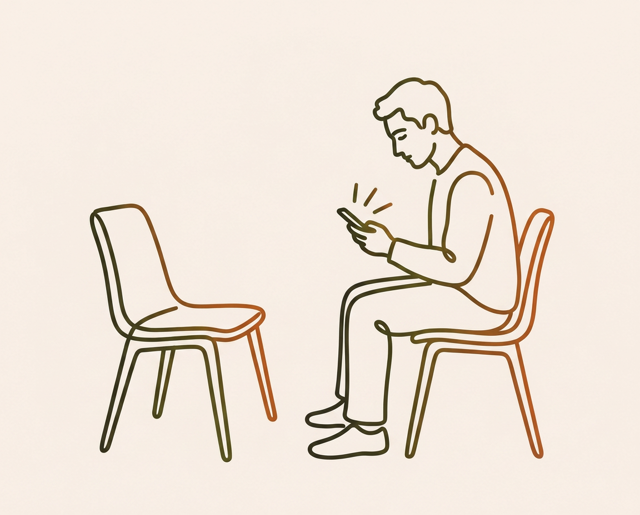 Line drawing of a man looking down at his phone, with an empty chair facing him