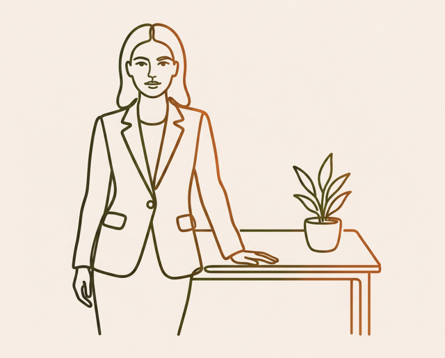 Line drawing of a professional in a blazer standing with one hand on a desk, a plant beside them